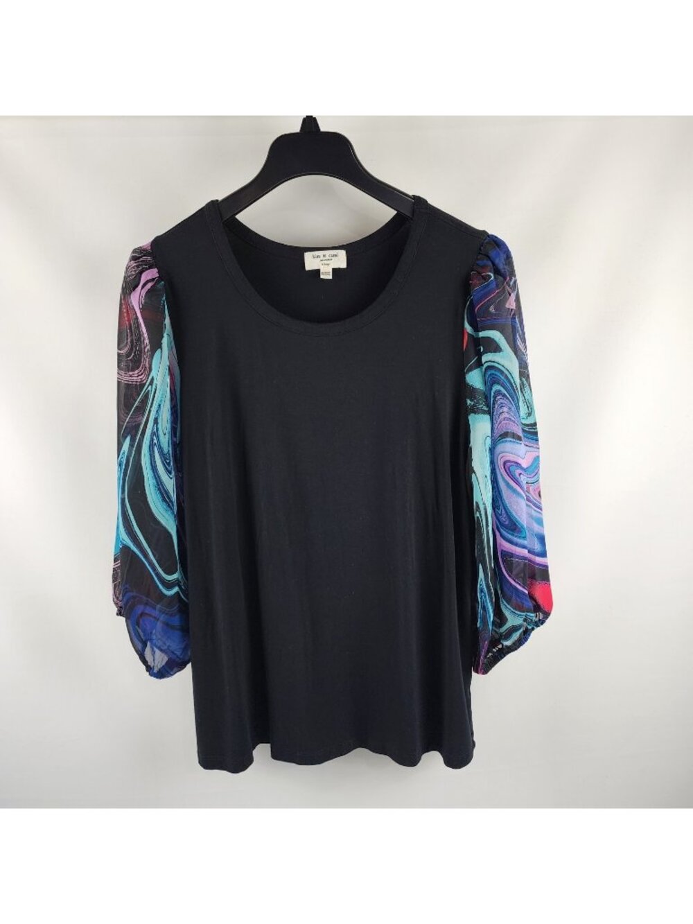 Kim & Cami Blouse Womens XL Black Crewneck Colorful Marble Balloon 3/4 Sleeve